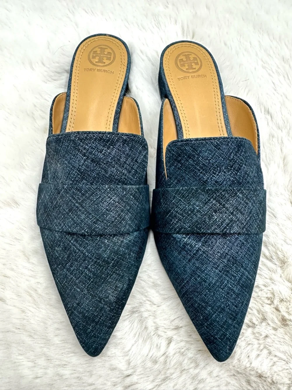 Tory Burch Denim Rosalind Pointed Toe Mules Slides‎ Flats Size 8